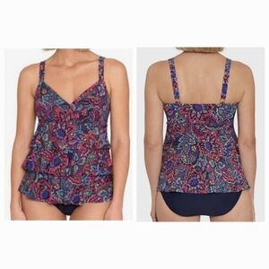 Swim Solutions Navy Multi Color Floral Tummy Control Tiered Swimsuit Sz10 D NEW